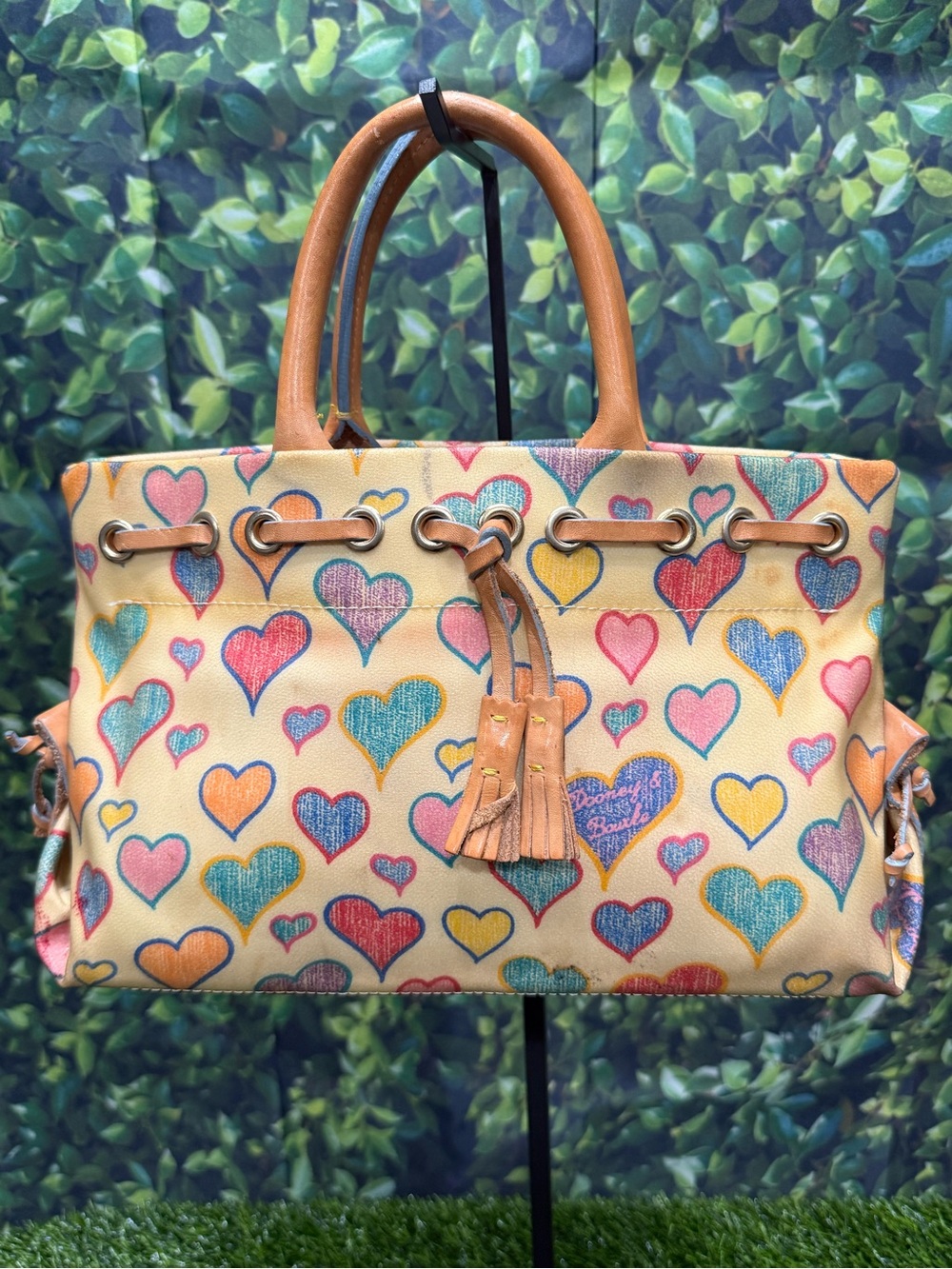 Dooney & Bourke Hearts Print Satchel Top Handle Drawstring Tassel Gold Hardware